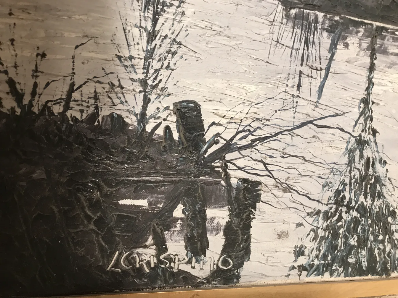 Peinture Crispino avec un fond gris et des arbres foncés.