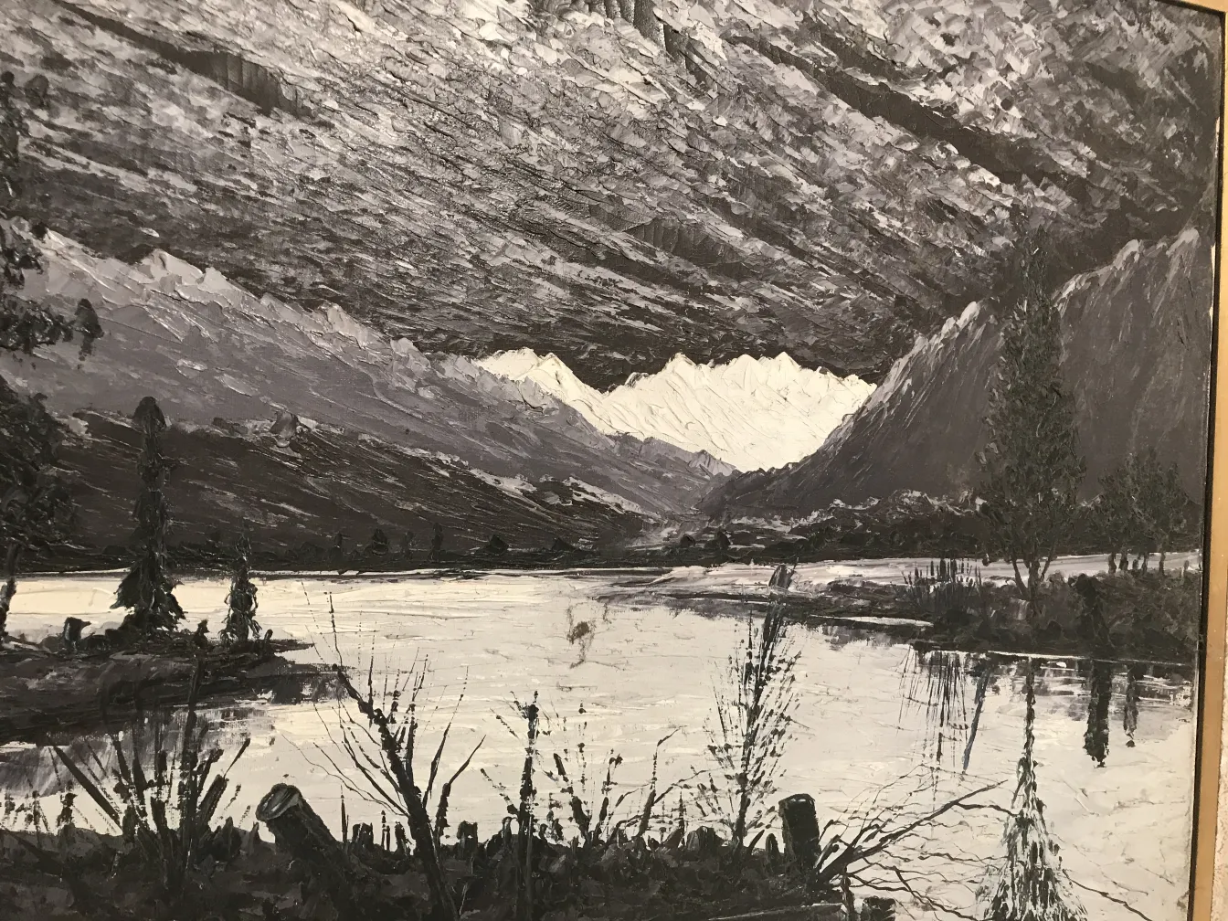 古い絵画 Crispino が灰色の風景を描き、木々と山々を特徴としています。