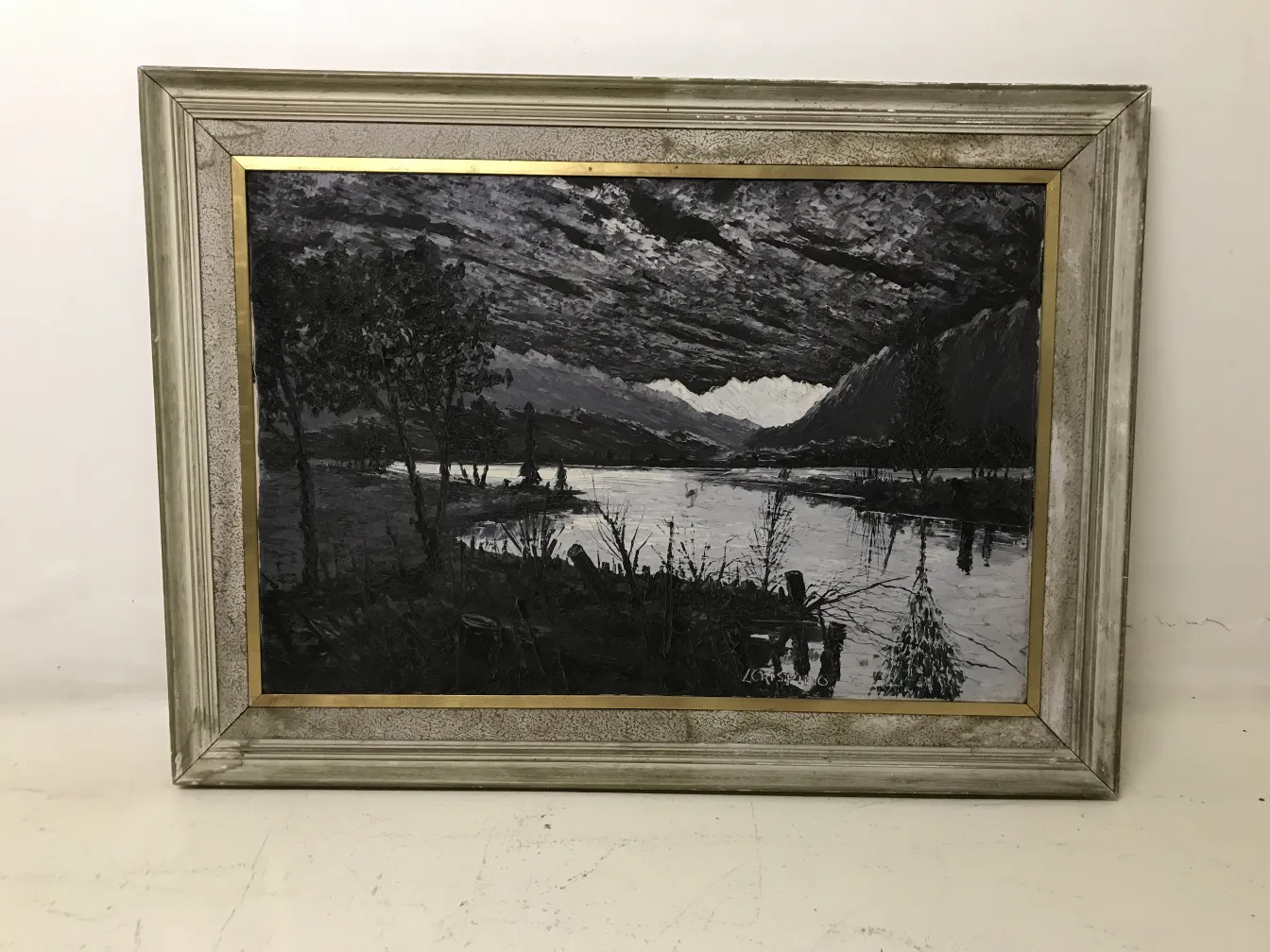 Peinture Crispino avec une scène de lac et des nuages sombres, antiquité.