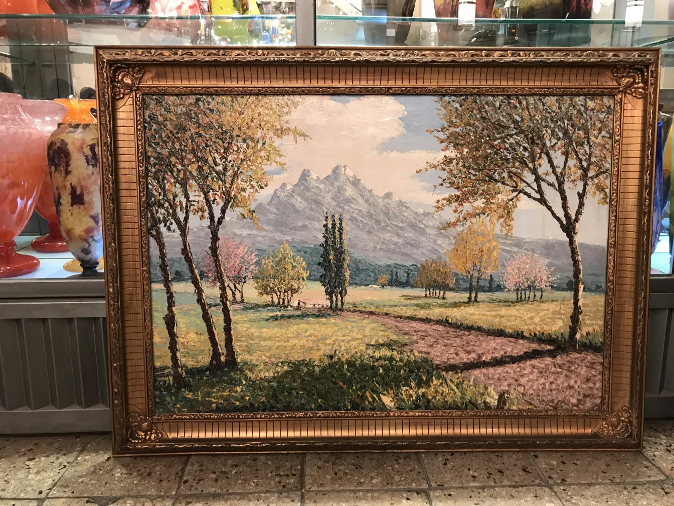 peinture ancienne avec arbres et montagnes naturelles