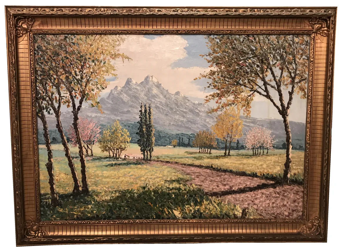 古董绘画Crispino展示山区风景和秋季树木。