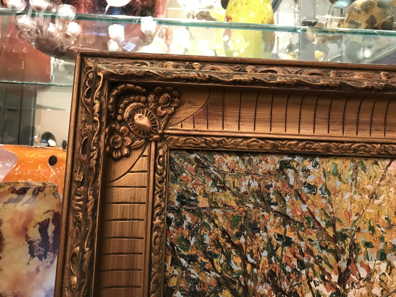 detail of an antique painting crispino with decorative frame