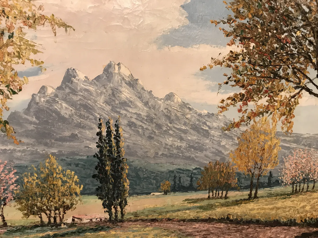 antico dipinto crispino di paesaggio montano con alberi
