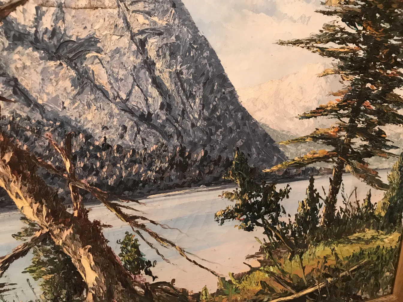 Dipinto Crispino antico con paesaggio montano e vegetazione