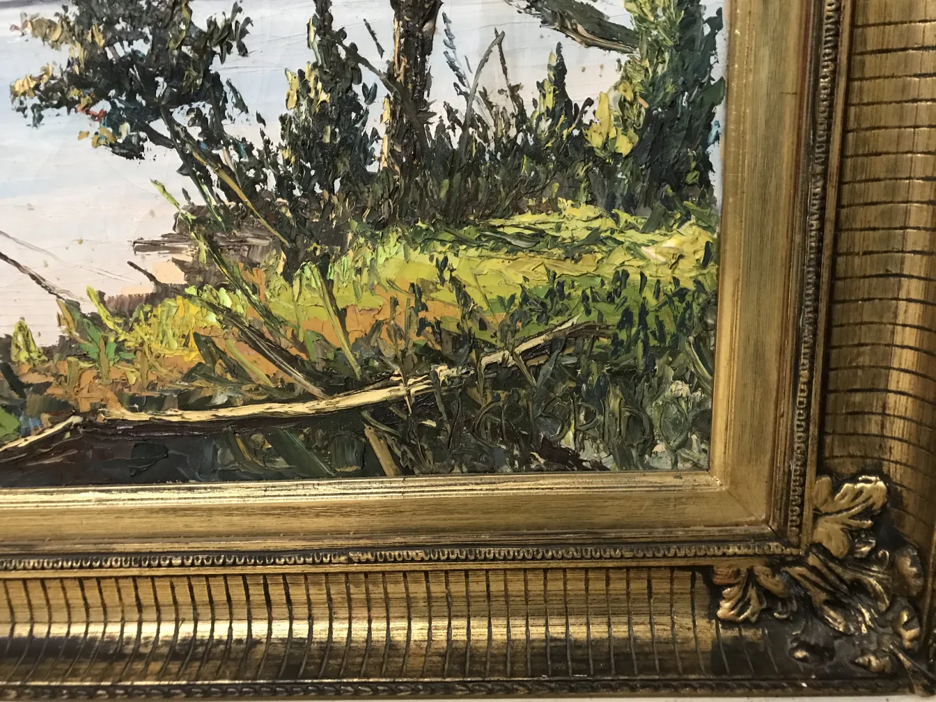 绘画 Crispino 有风景、植被和古董框架。