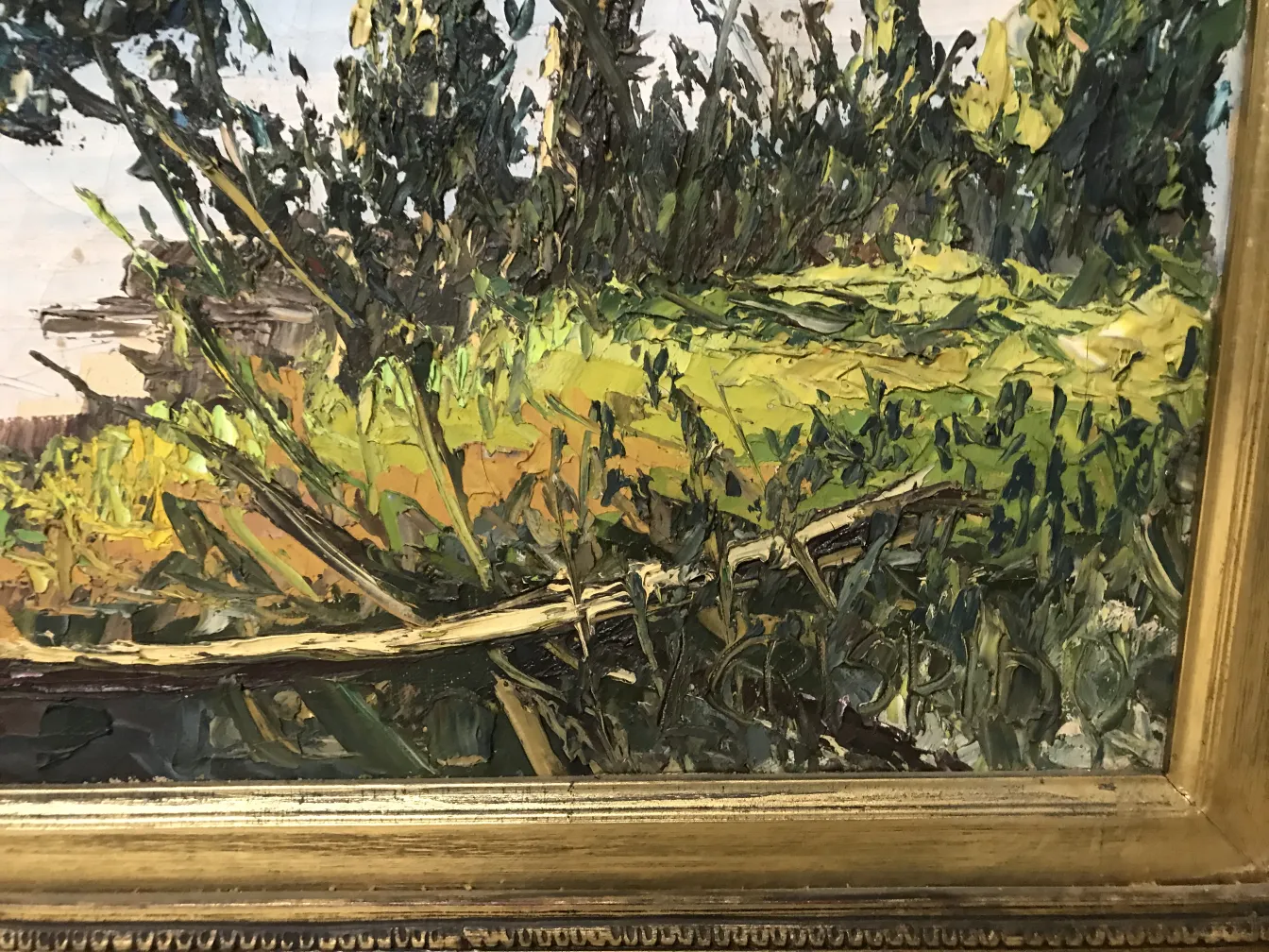 Pintura Crispino antigua con paisaje natural verde y dorado