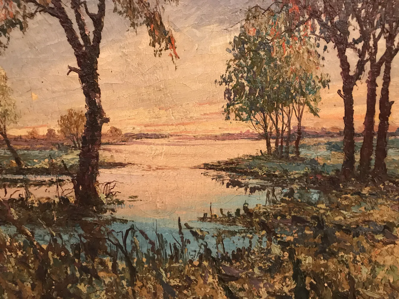 antique painting of landscape featuring trees and water