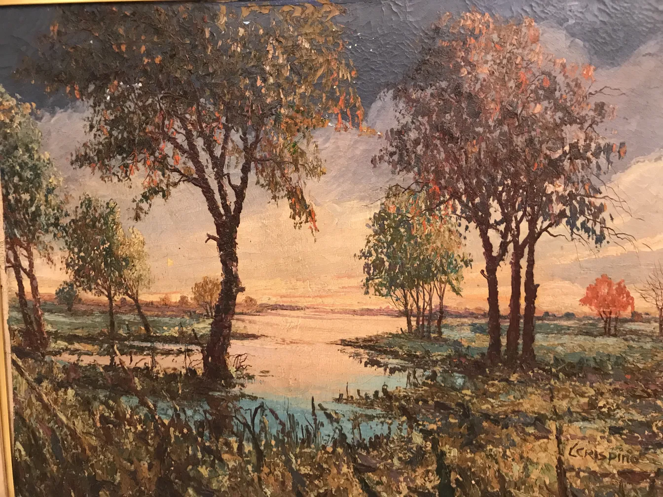 ancienne peinture de crispino montrant un paysage avec des arbres et de l'eau au coucher du soleil