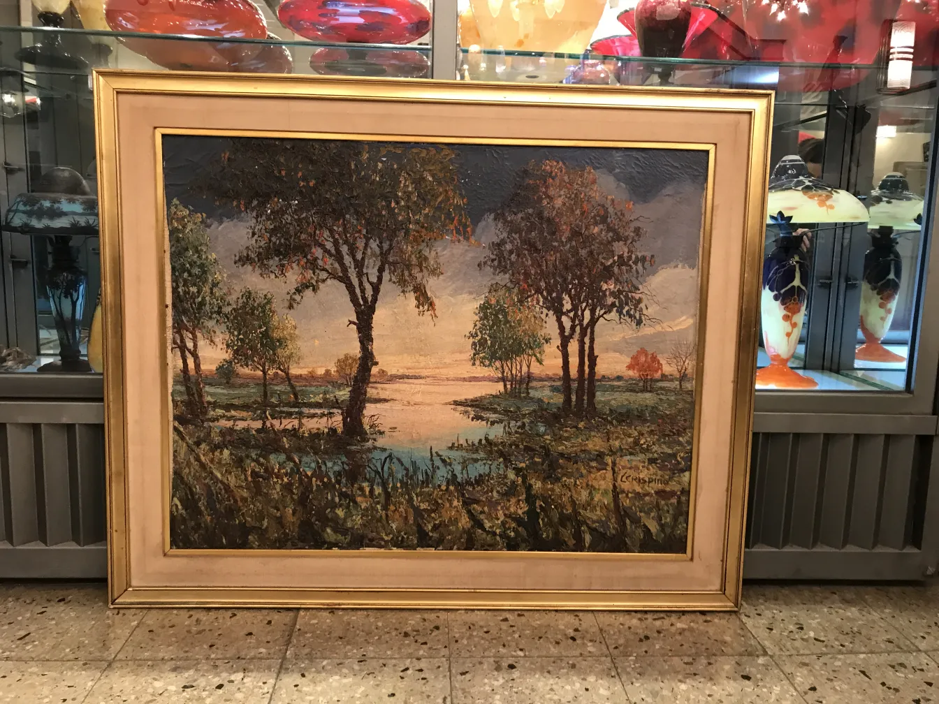 peinture ancienne crispino avec arbres et eau