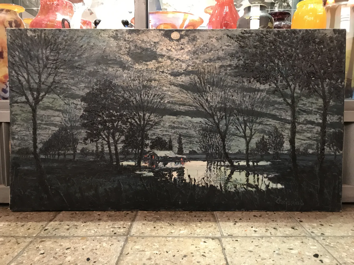 pintura antigua con una escena natural y árboles