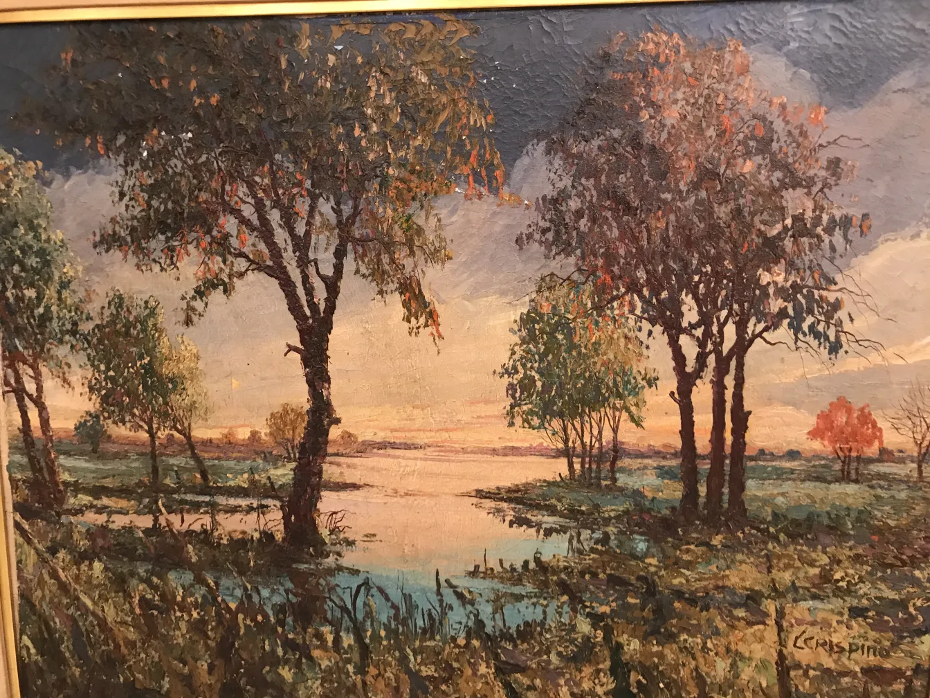 Античная живопись природного пейзажа с деревьями и водой.