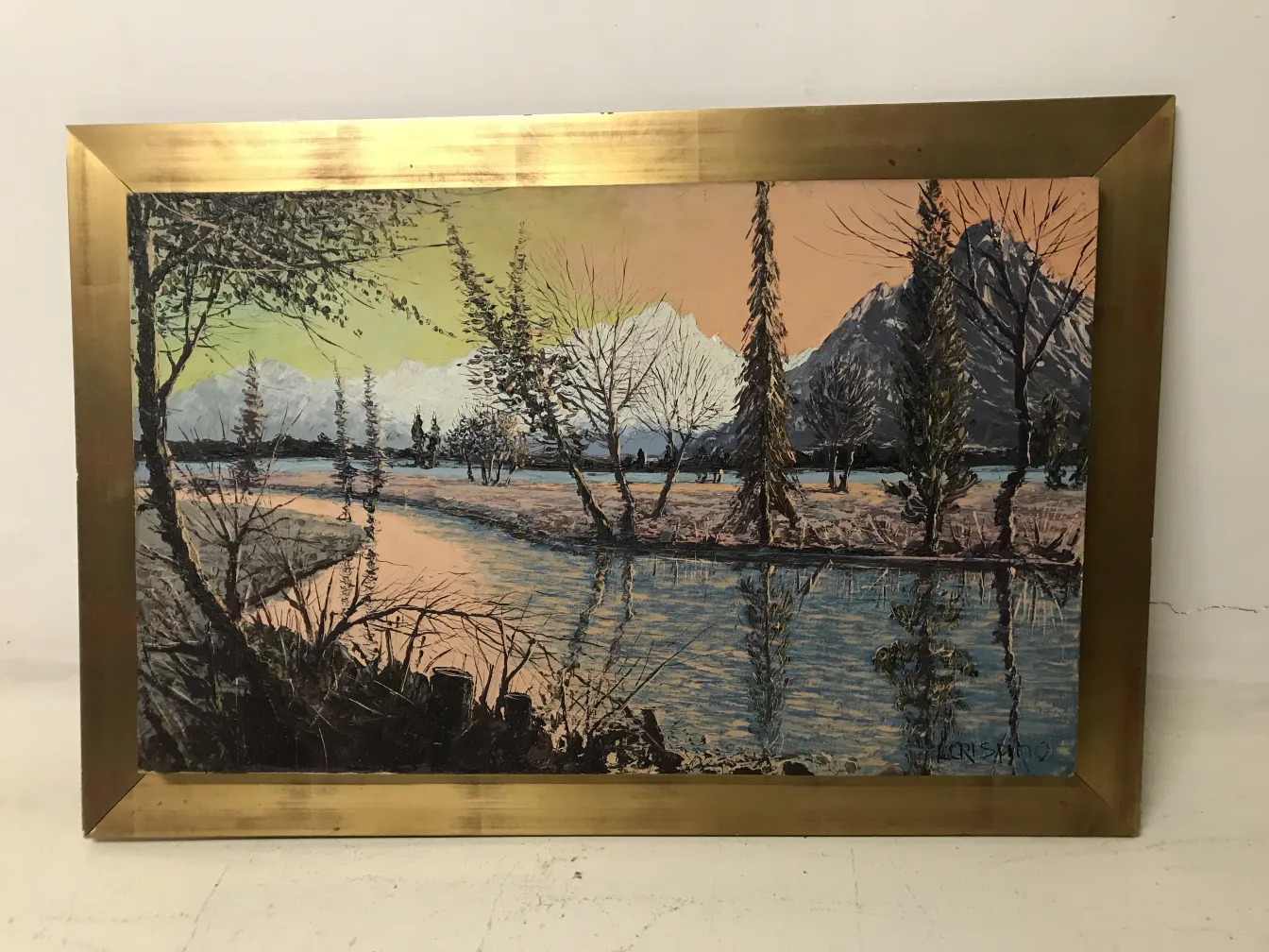 Pintura antiga de Crispino com uma paisagem natural com árvores e água.