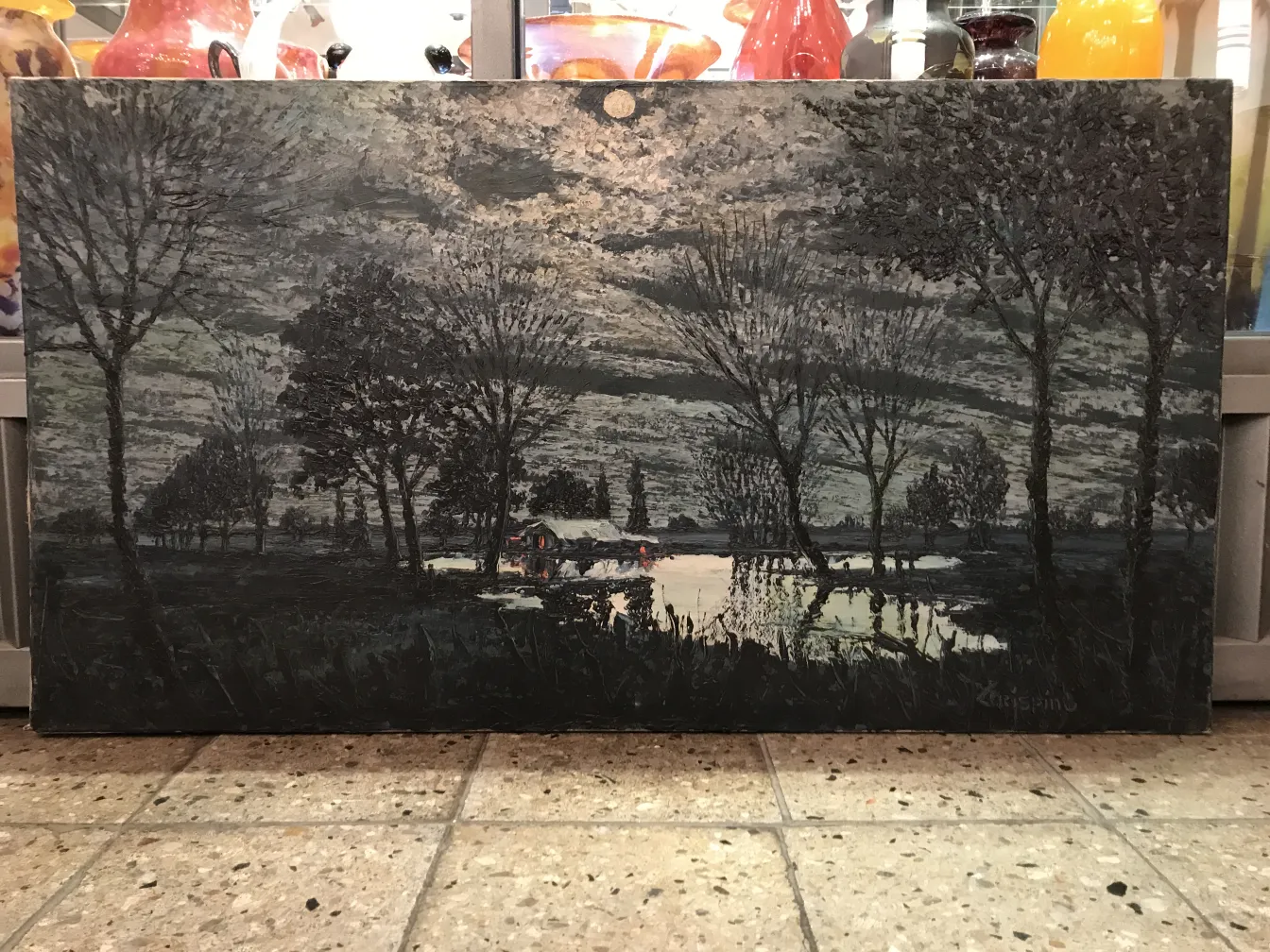 peinture crispino en tons sombres avec paysage et reflets