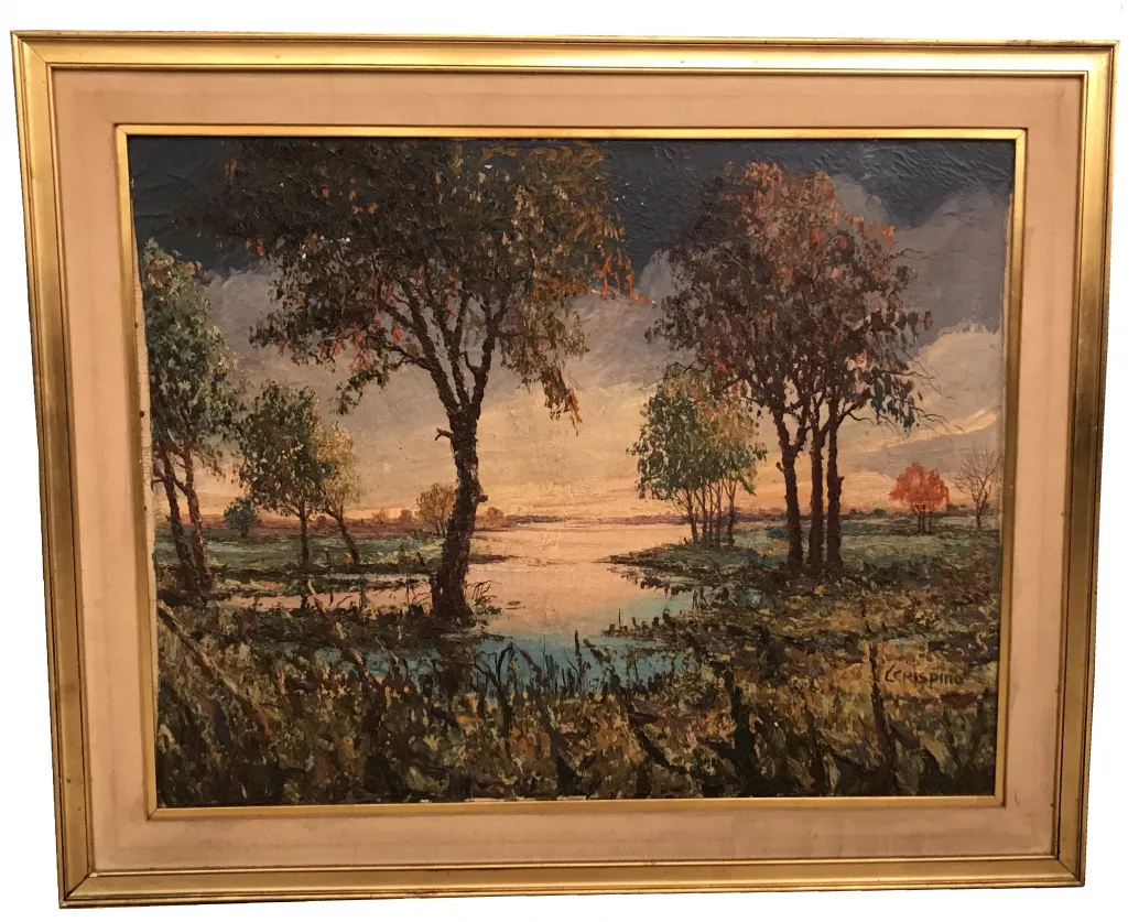 Gemälde Crispino, das eine natürliche Landschaft mit Bäumen und Wasser darstellt