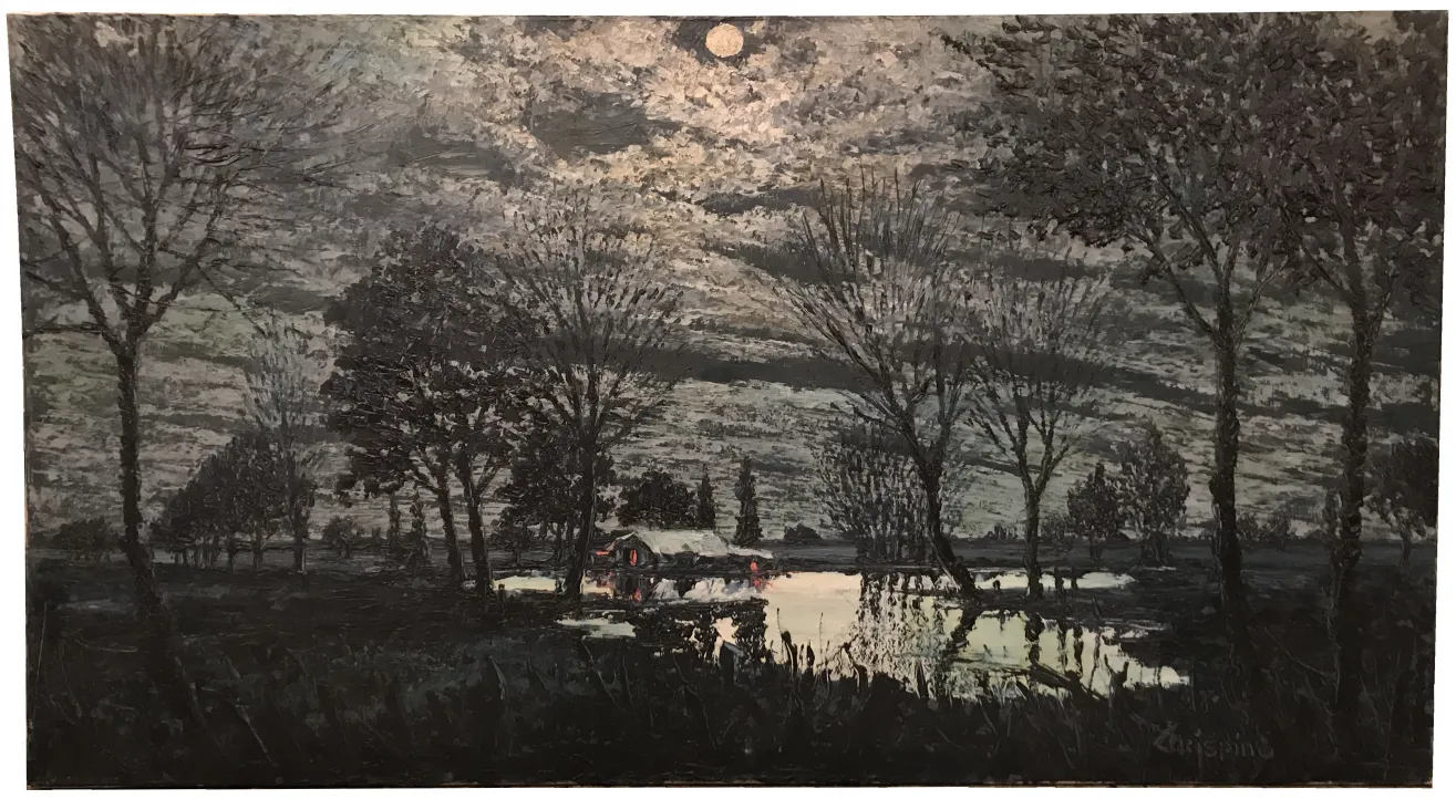 古老的夜景画，描绘树木和水