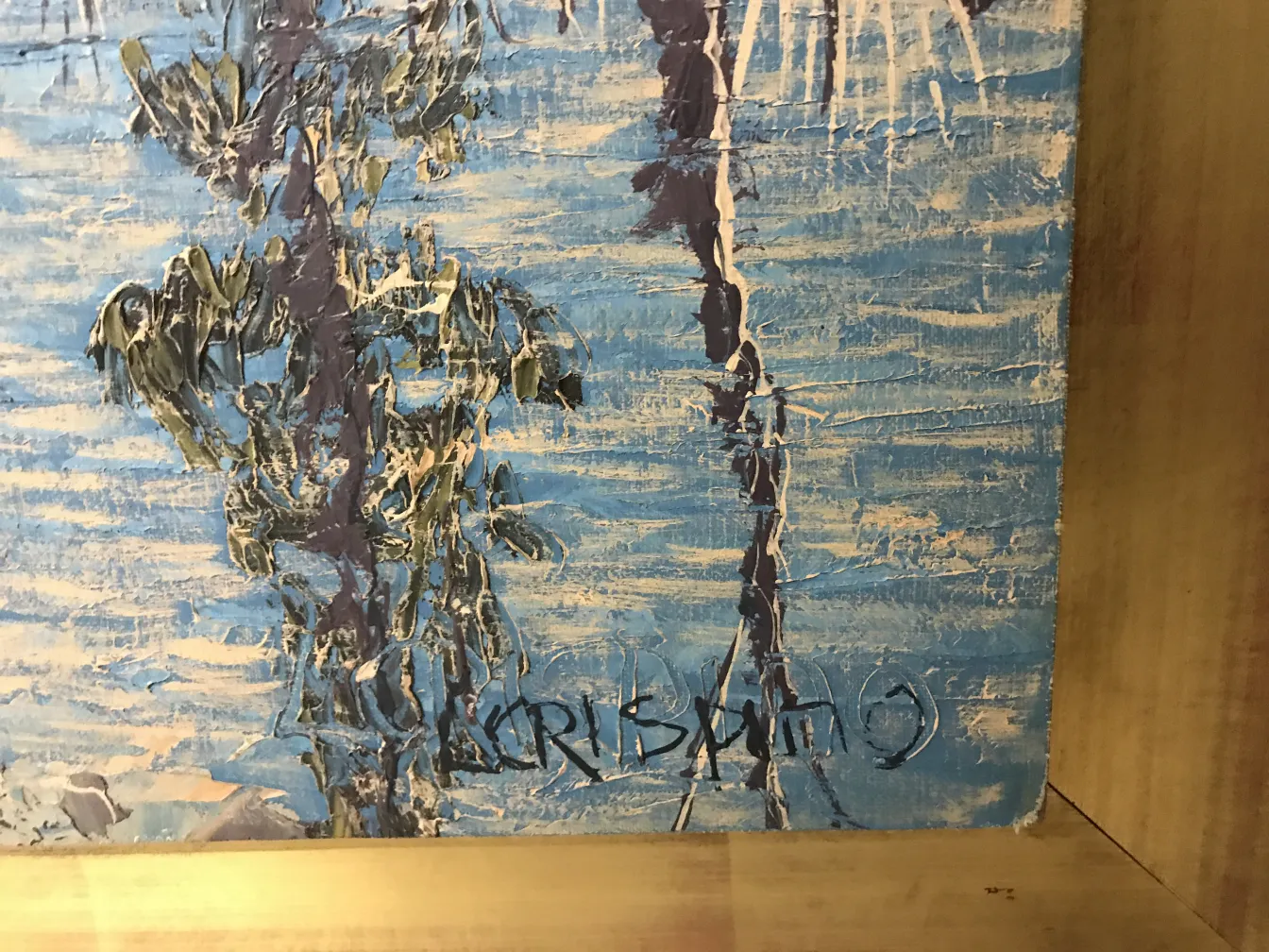 Antiga pintura Crispino com cores vibrantes e assinatura visível.