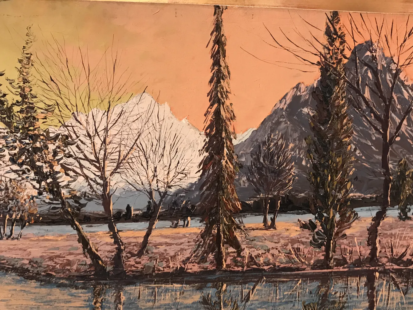 Crispino painting of landscapes with bushes and mountains.