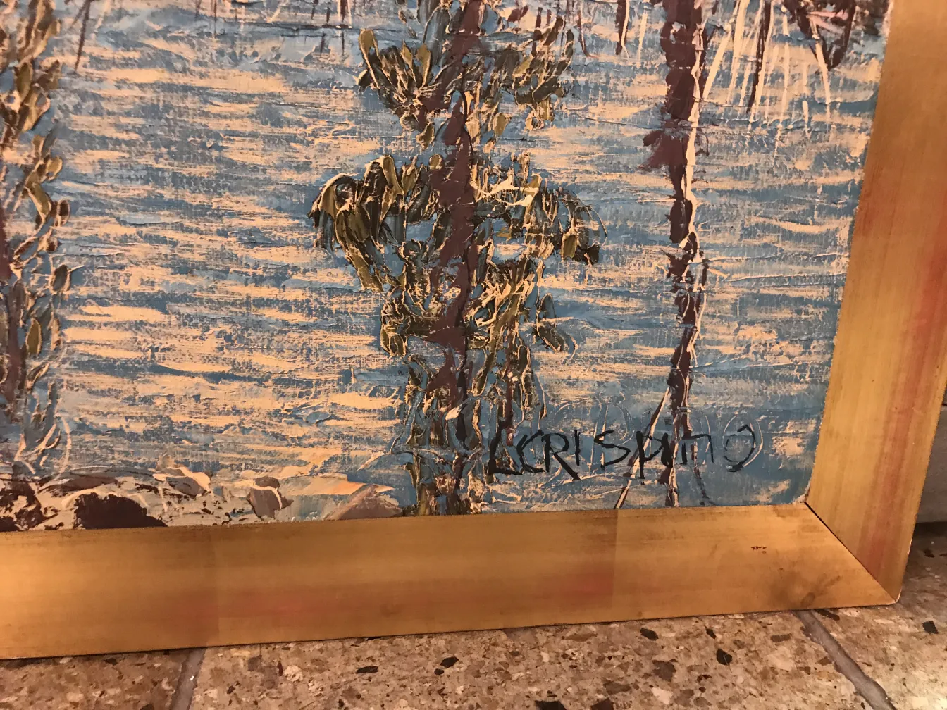 Altes Gemälde mit blauen und goldenen Details, Unterschrift 'Crispino'.