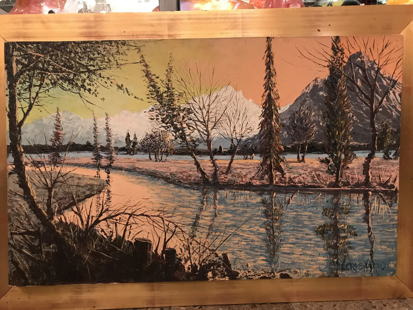 peinture ancienne avec un paysage naturel et des montagnes