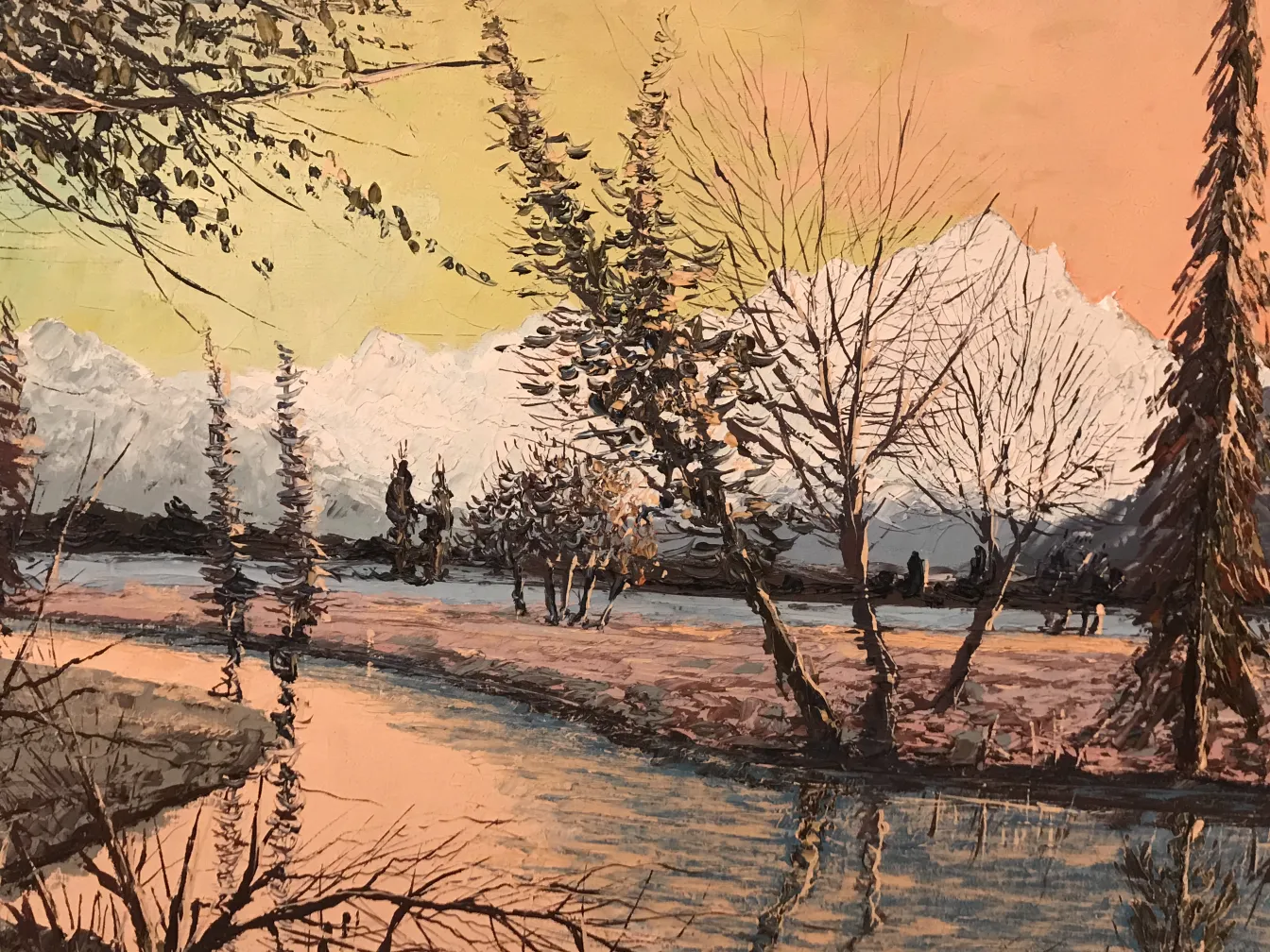 絵画 crispino の風景、山と木々を背景に