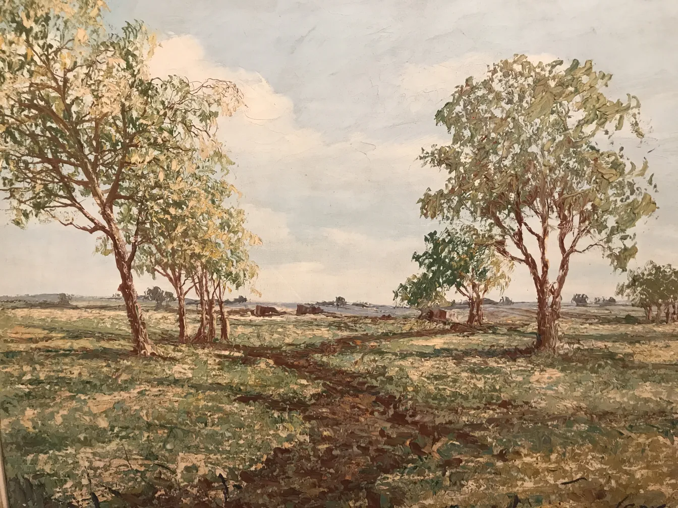Pintura Crispino mostrando uma paisagem com árvores em um ambiente aberto.