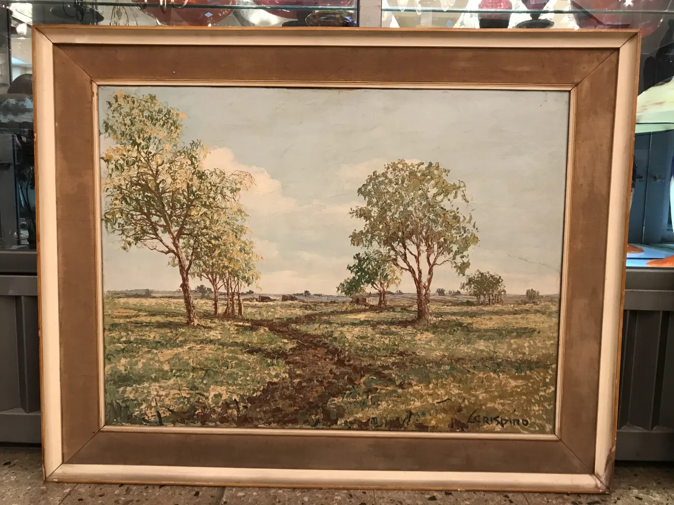 Peinture ancienne avec des arbres et un paysage naturel