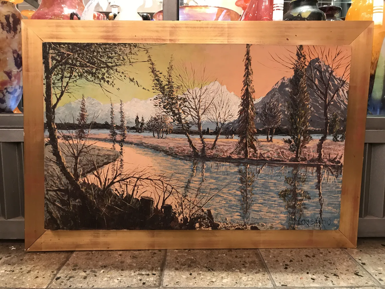 자연 풍경의 골동품 그림, 산과 나무 포함