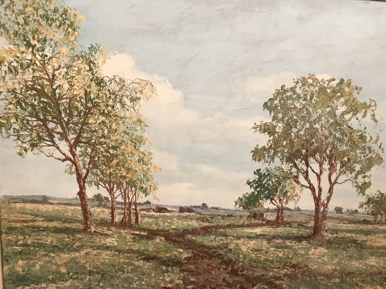 古董绘画Crispino，展示绿色树木的风景