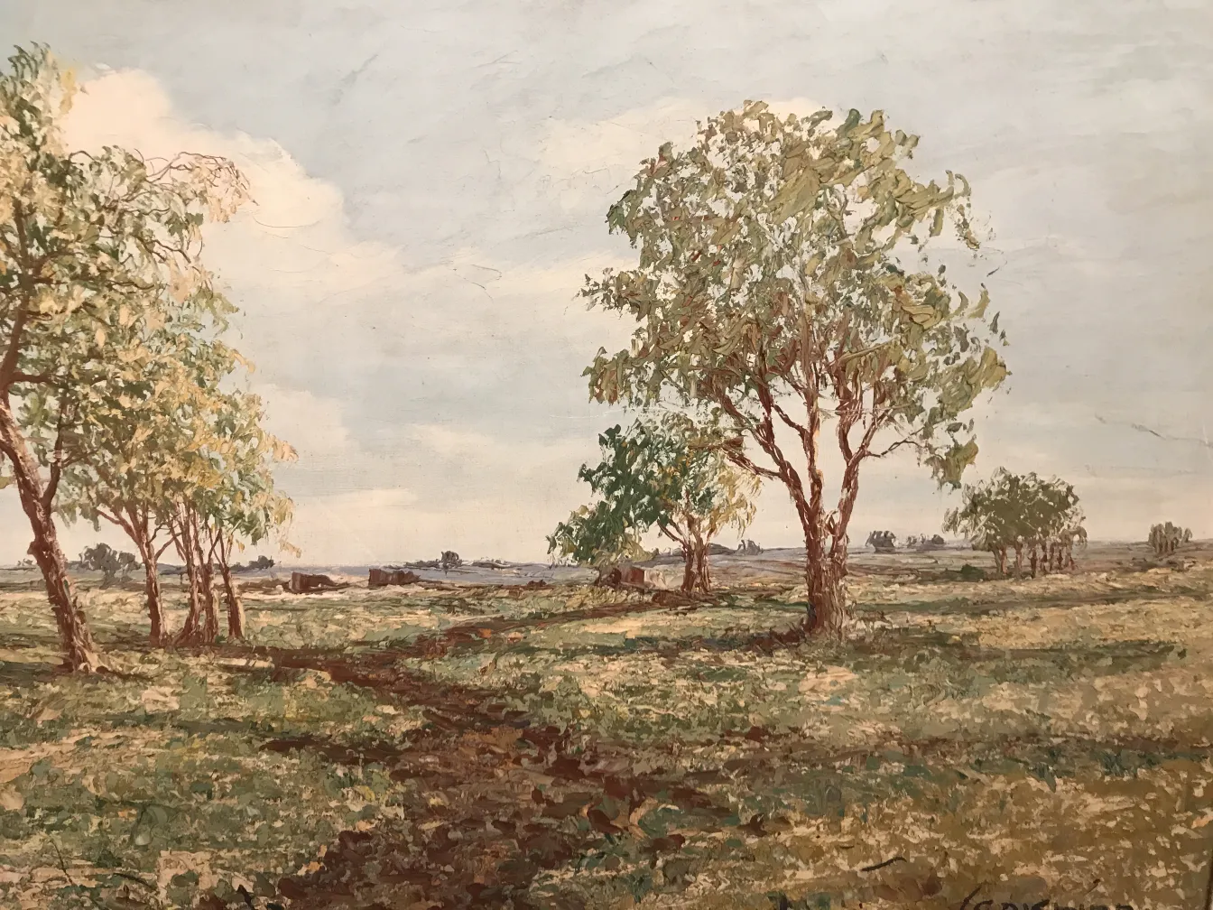 Pintura Crispino antigua con un paisaje natural y árboles verdes.