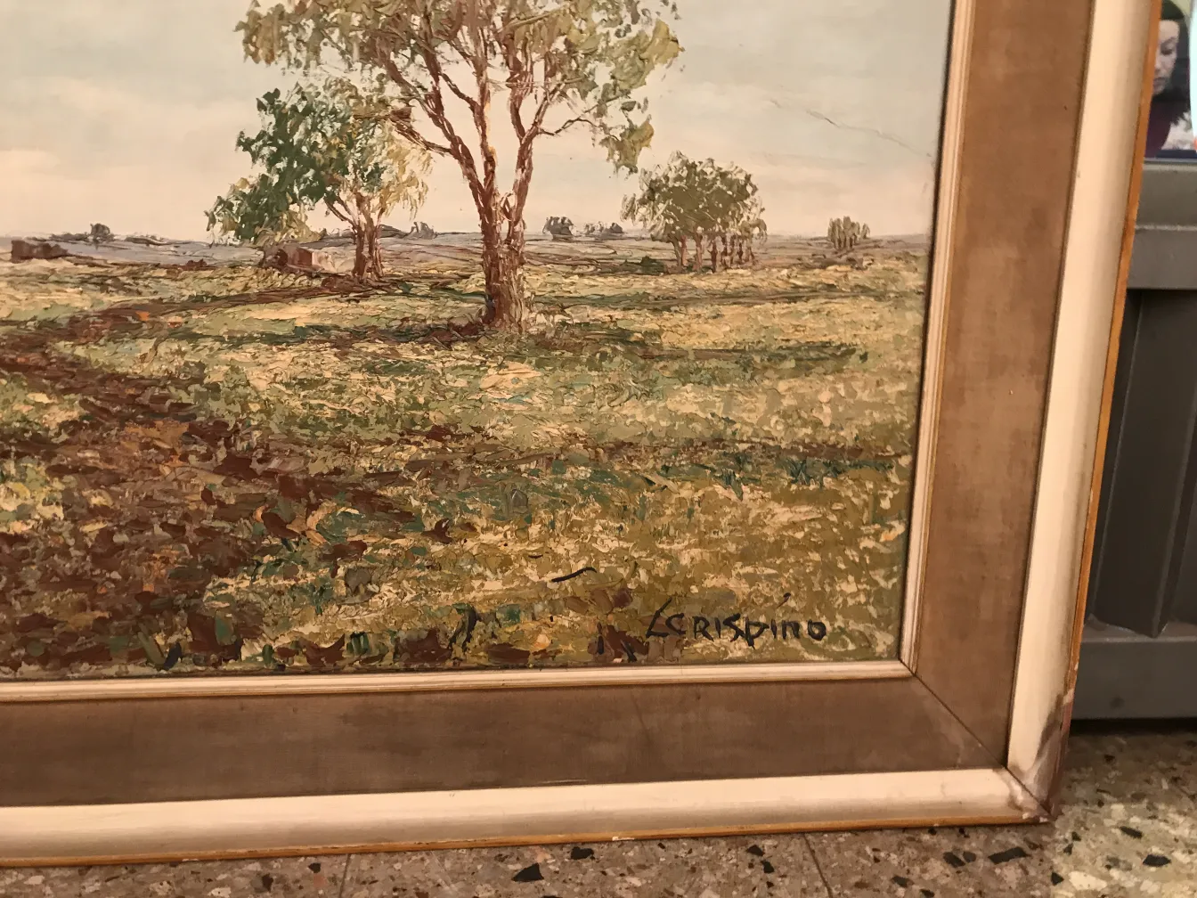 Antique painting of landscape featuring trees and clear sky.