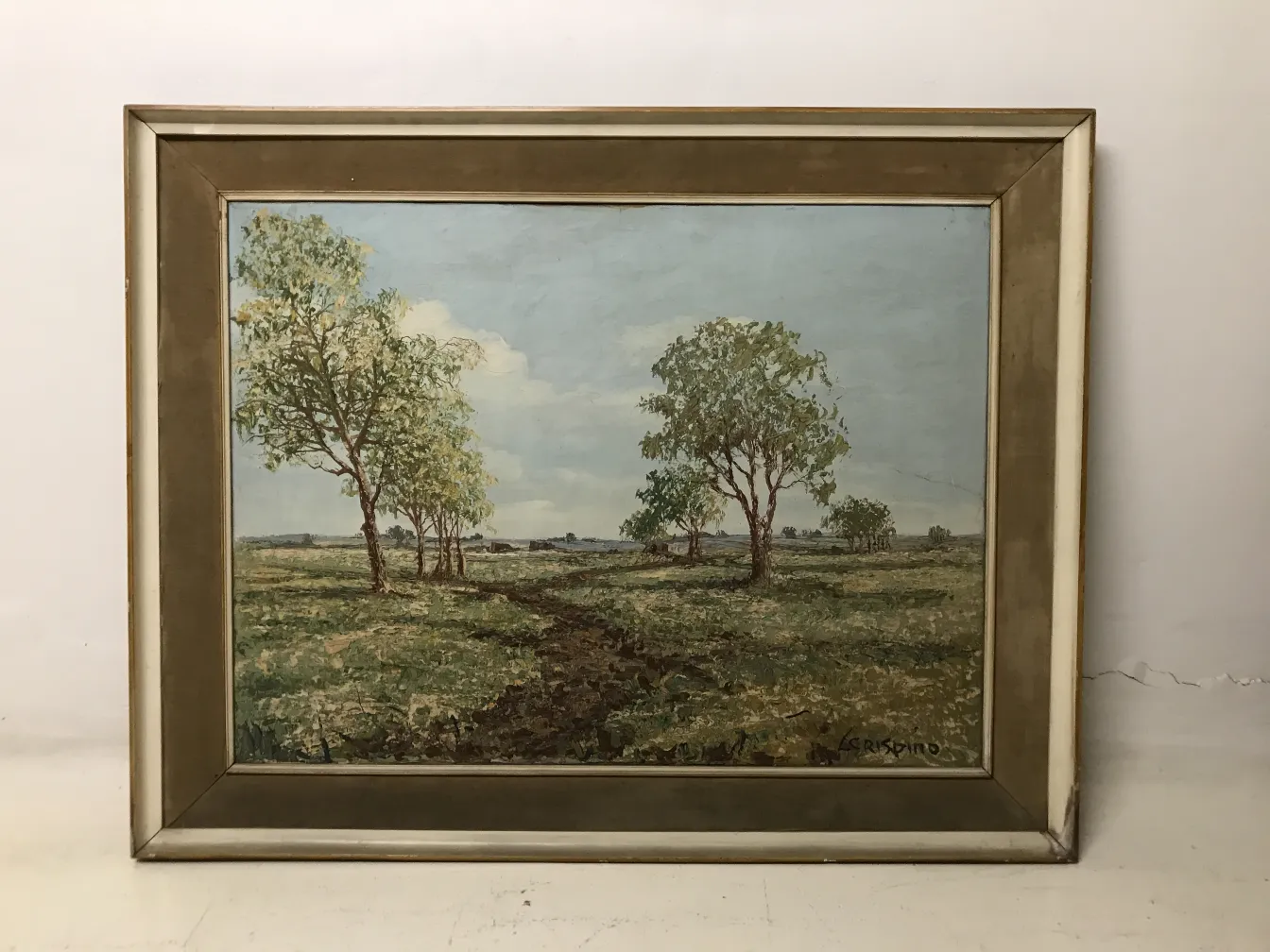 Peinture antique Crispino avec paysage d'arbres et ciel