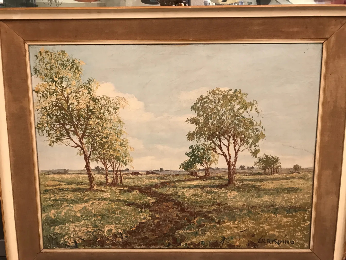 古董绘画Crispino，绿色风景与树木