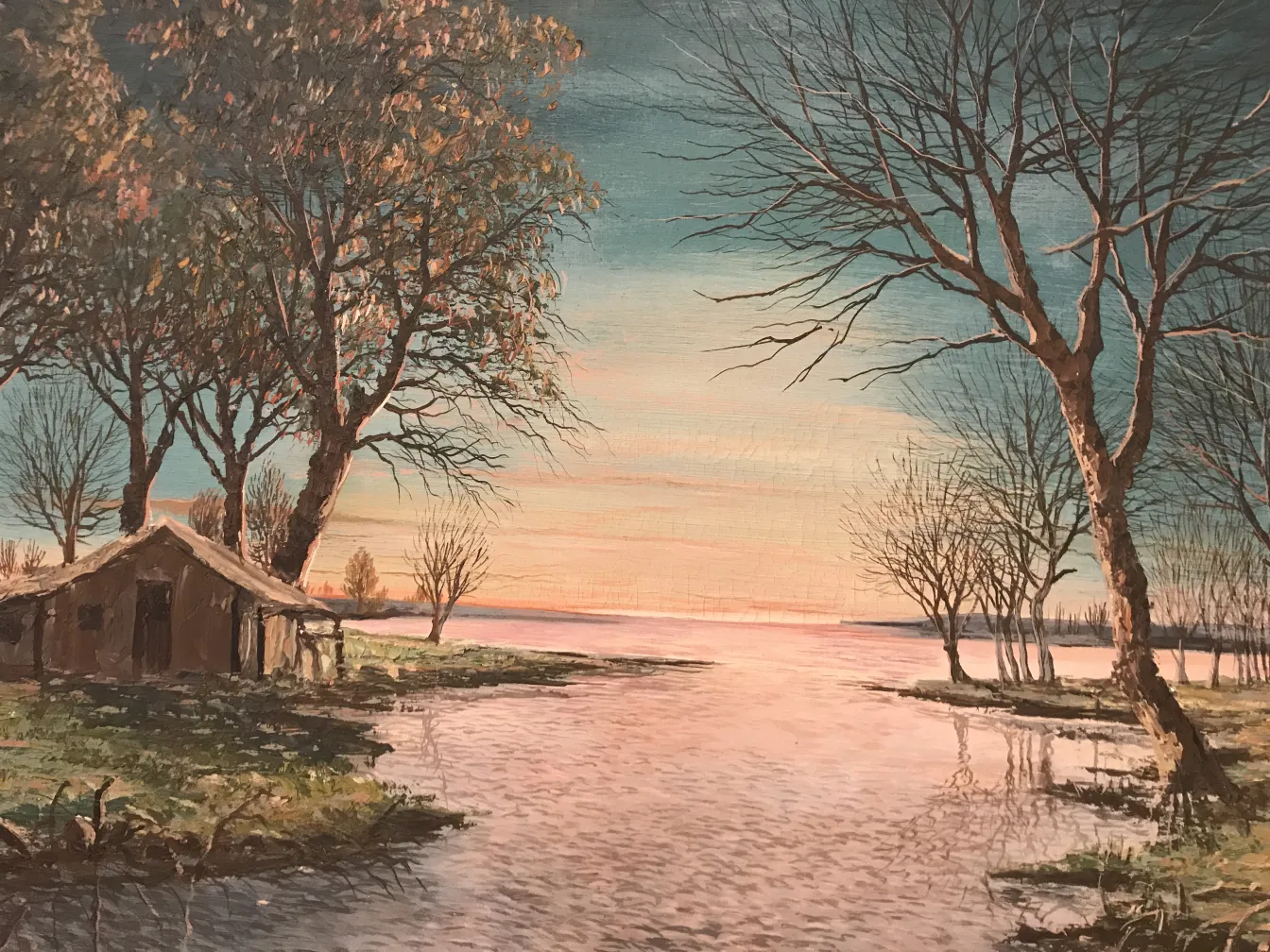 peinture crispino avec un paysage d'eau et des arbres