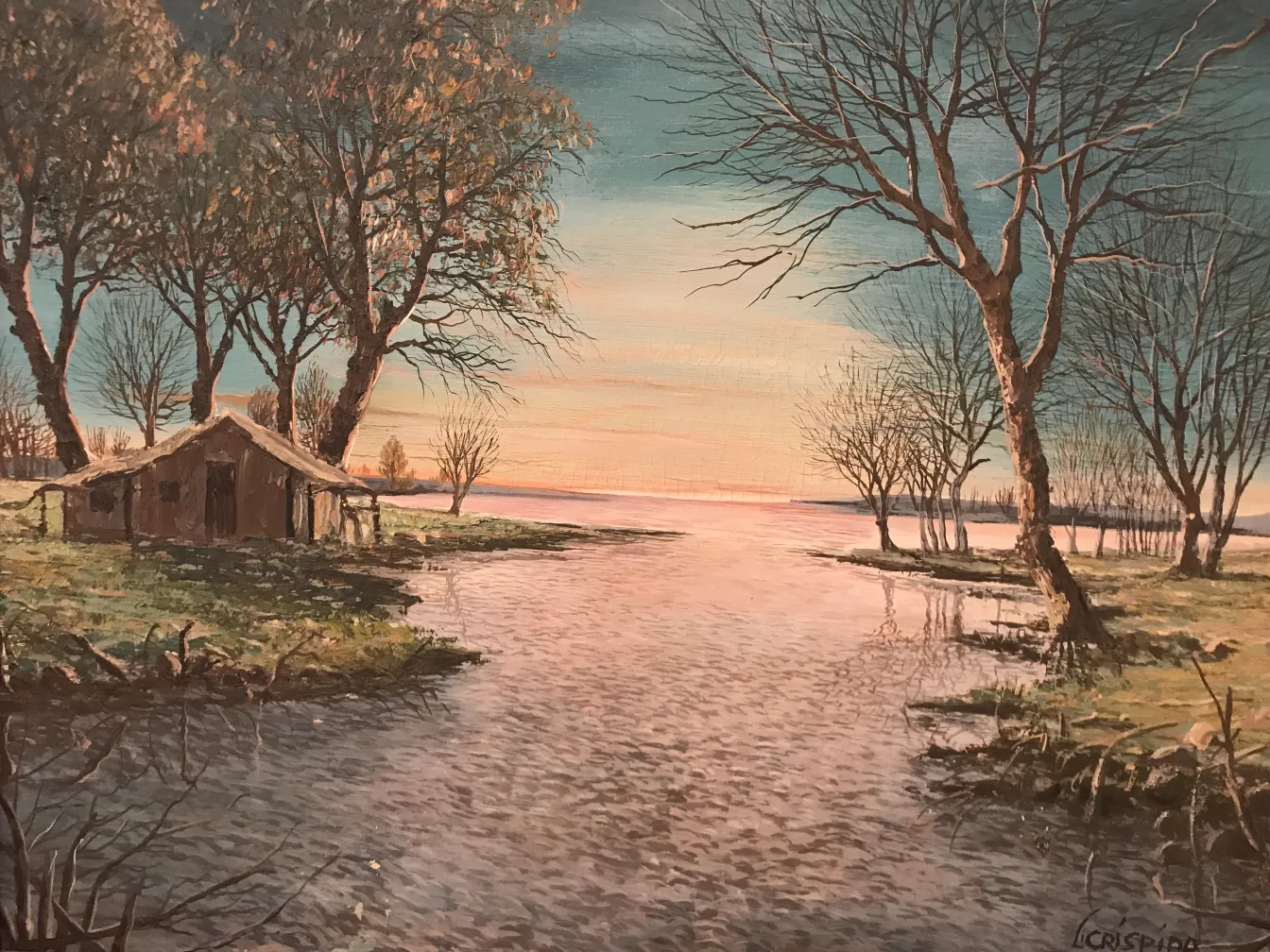 landscape painting with trees and a river in an antique setting