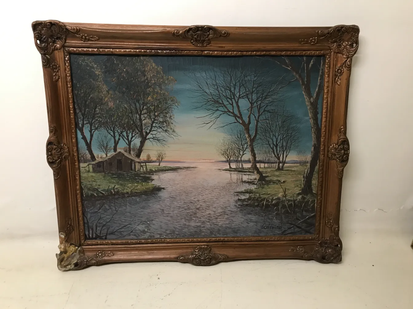 Painting Crispino antique with serene landscape and trees.