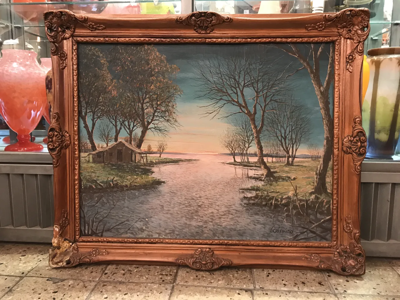 pintura antiga de paisagens com árvores e água