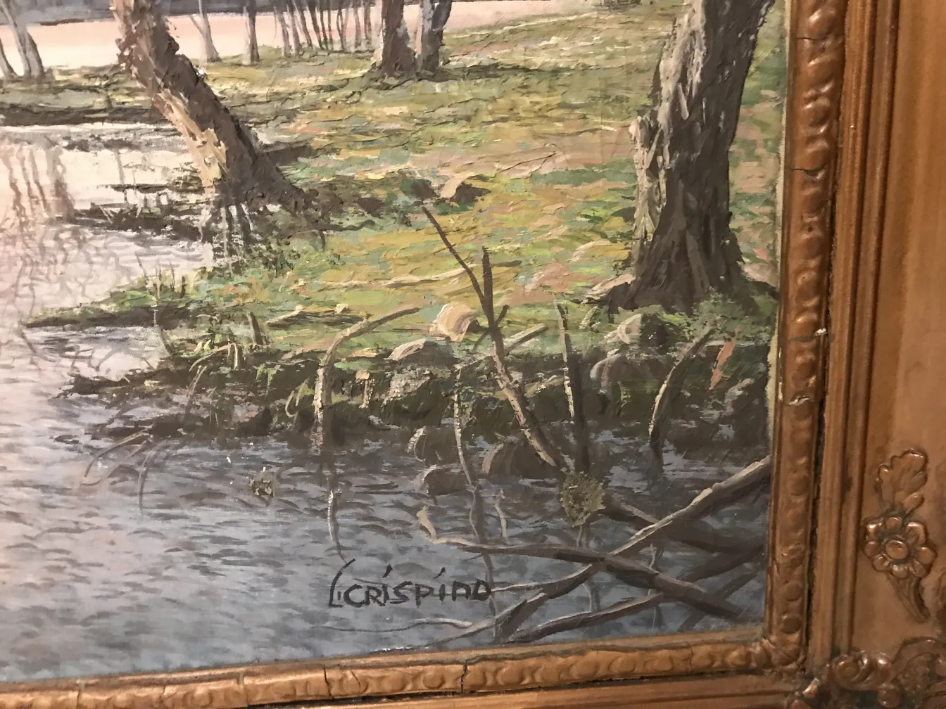 Pintura antigua de Crispino mostrando un paisaje natural con árboles y agua.