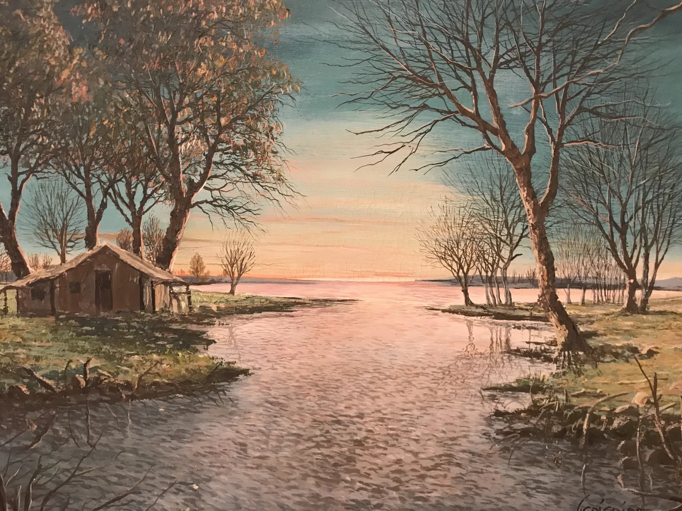 Dipinto Crispino che rappresenta un paesaggio con un fiume, alberi e una casa antica