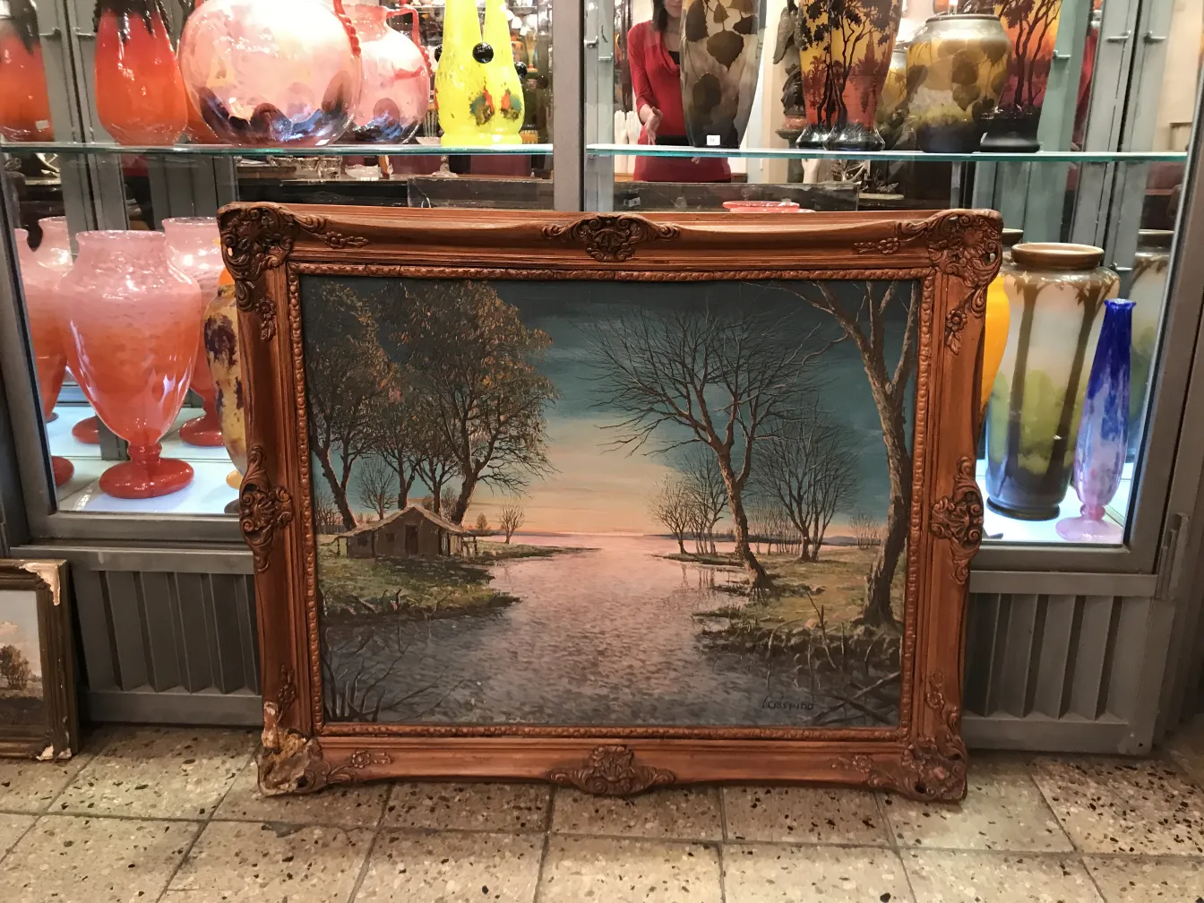 antique painting of a landscape with trees and water