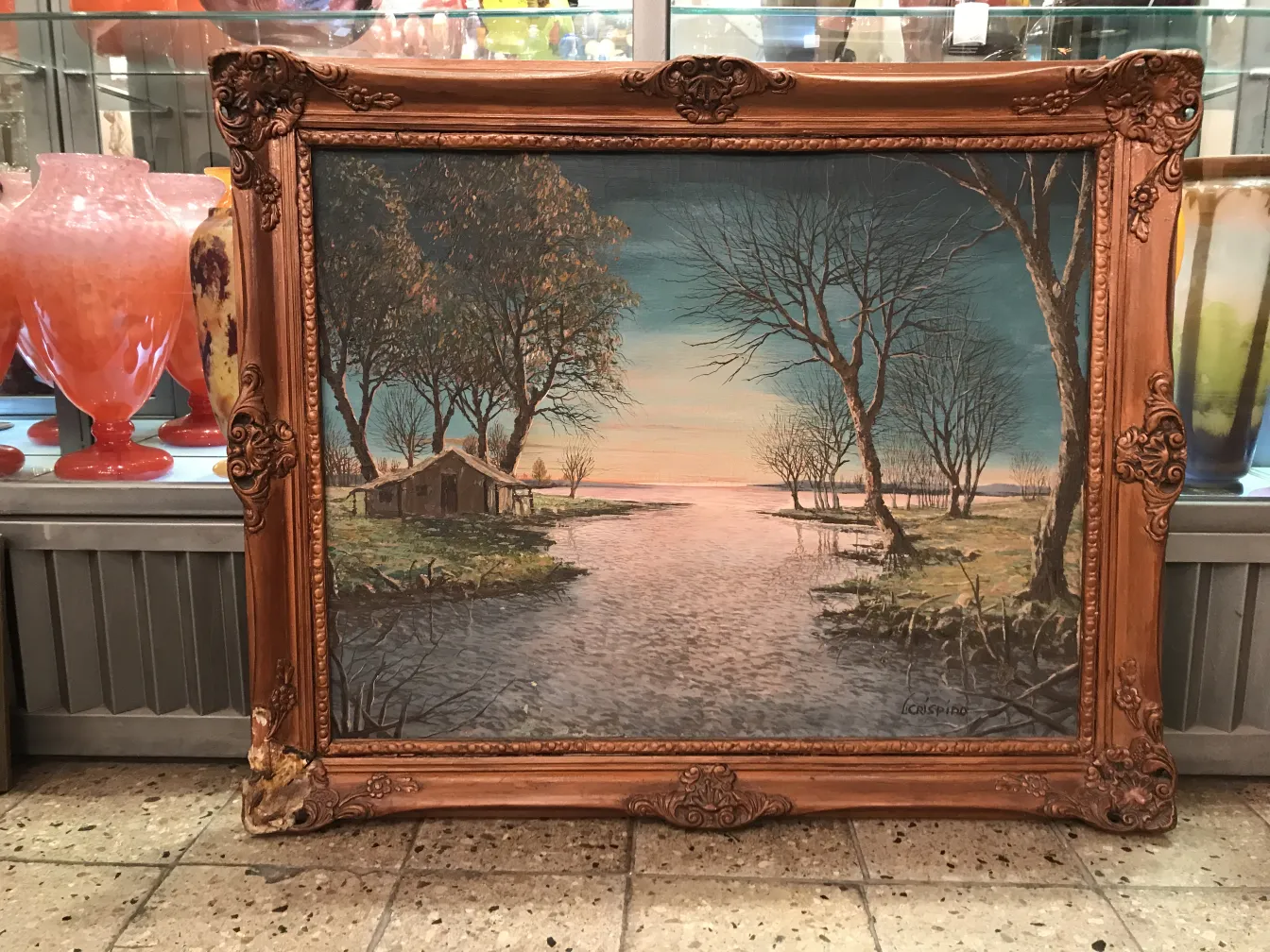 Antique painting Crispino featuring a natural landscape with trees.