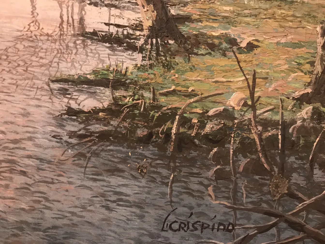 古い絵画 Crispino に自然の風景と反射が描かれています