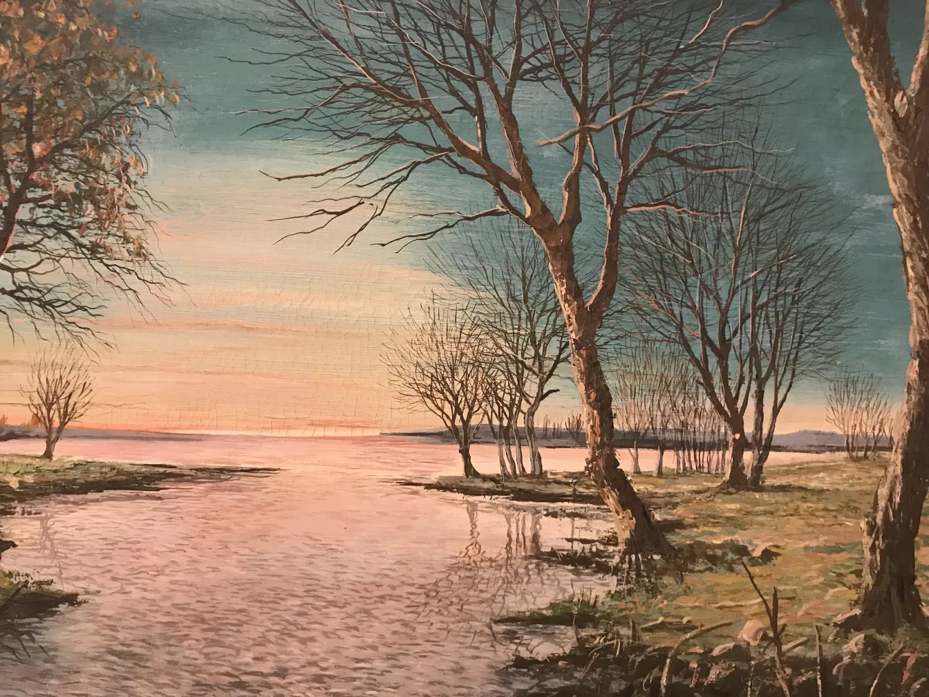 ancienne peinture de paysage avec des arbres et de l'eau