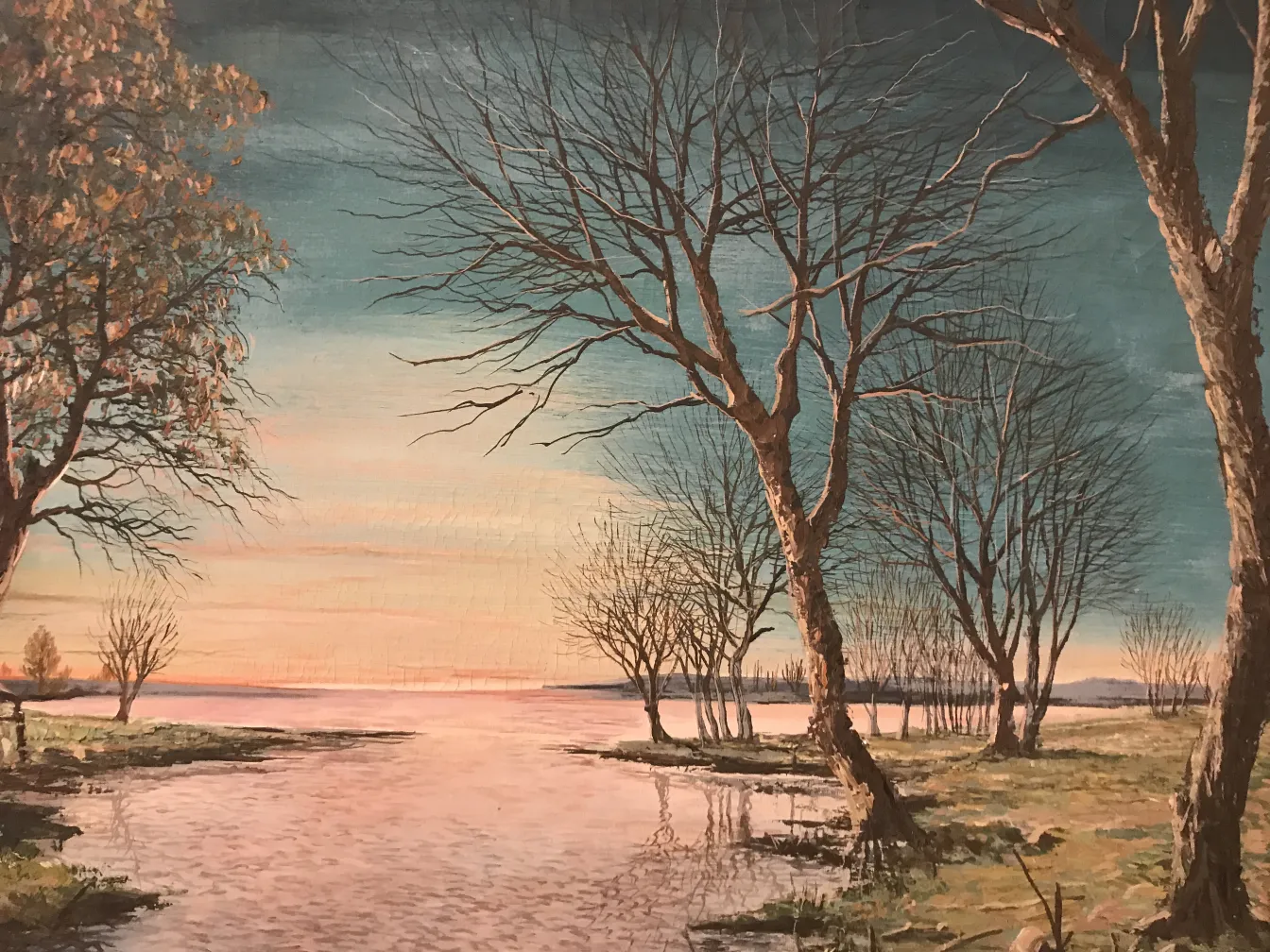 peinture ancienne d'un paysage avec des arbres au coucher du soleil