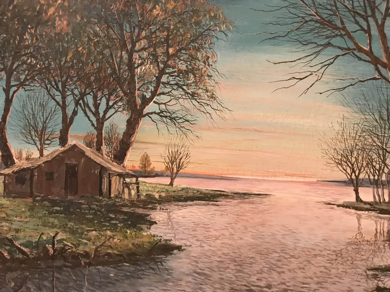 Antique painting depicting a natural landscape with trees and water.