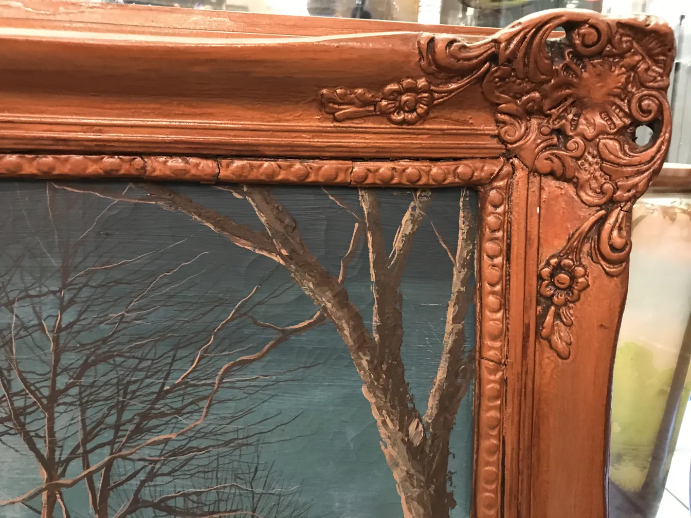 Peinture ancienne Crispino avec cadre décoré.