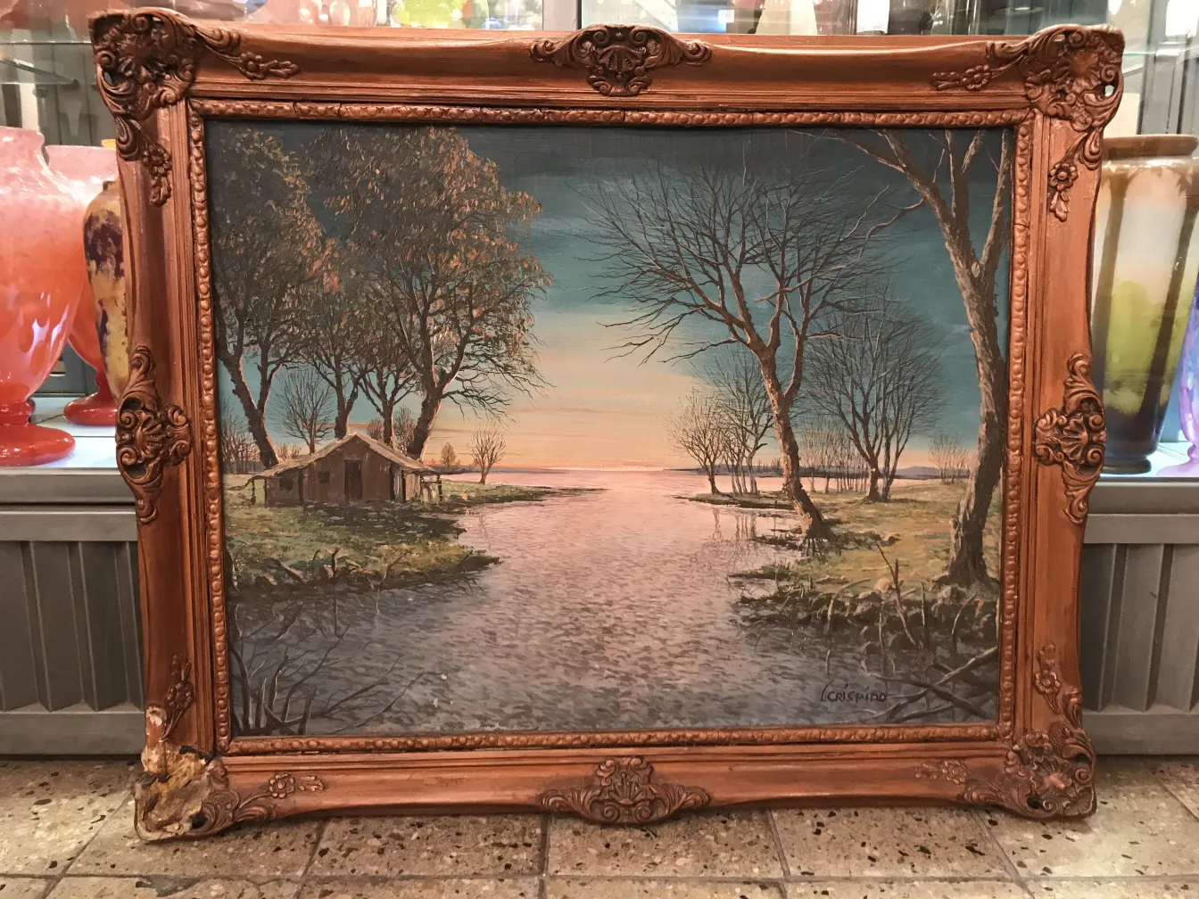 古董Crispino绘画自然风景，树木和房屋