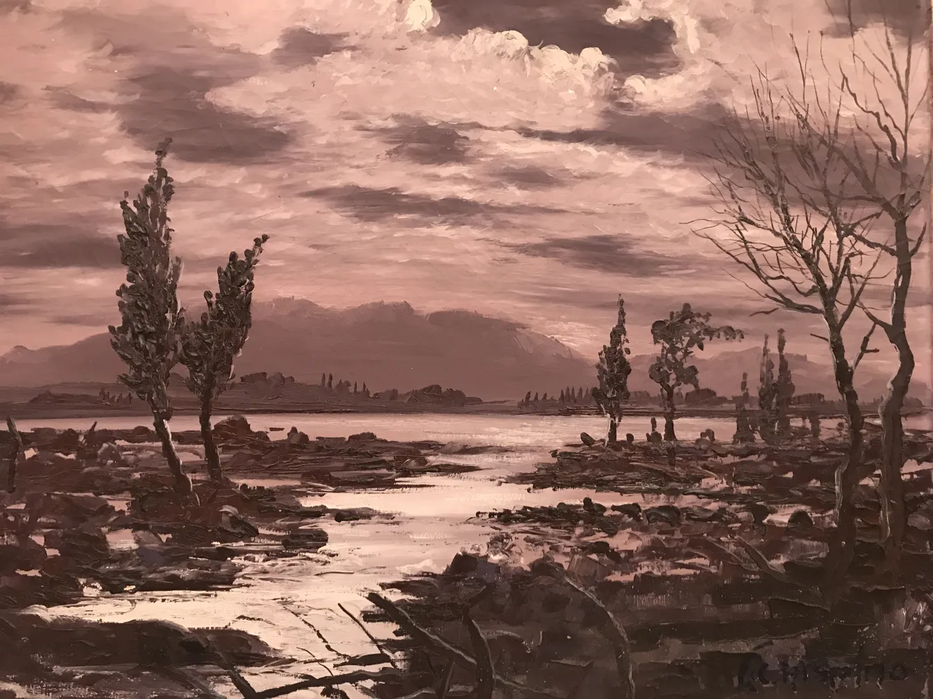 antique painting of landscapes with trees and water