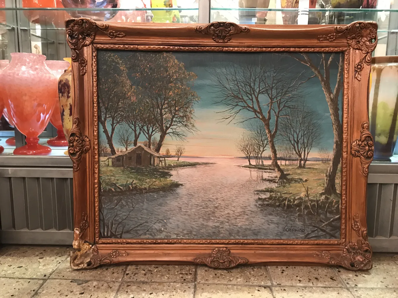 Peinture ancienne de paysage avec des arbres et une maison