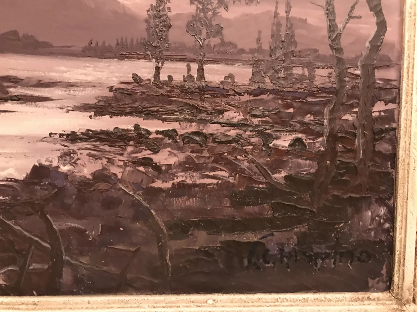 antik Gemälde von Landschaft mit Bäumen und Wasser