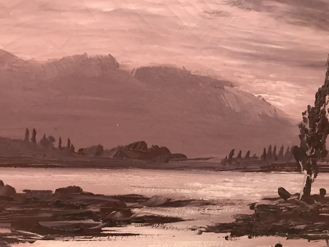 antikes gemälde crispino mit natürlicher landschaft und sanften himmeln